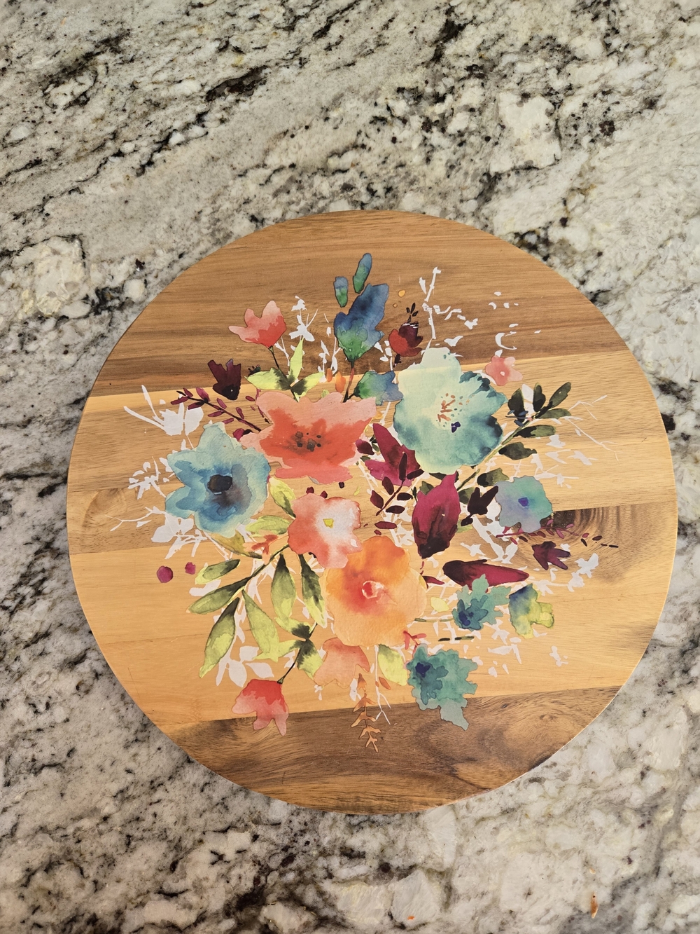 The Pioneer Woman Round Wood Serving Board with Multicolor Watercolor Florals